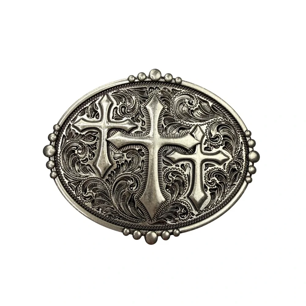 Gothic Belt Buckle Unisex OS Silver Toned Triple Cross Western Filigree Engraved